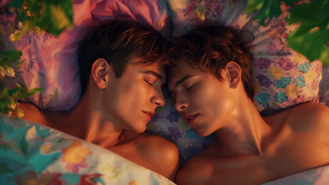 Shifting right partner moving head closer on bed, shirtless under floral blanket seeking closeness