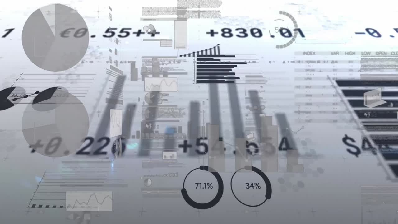 Animation of financial data processing on white background