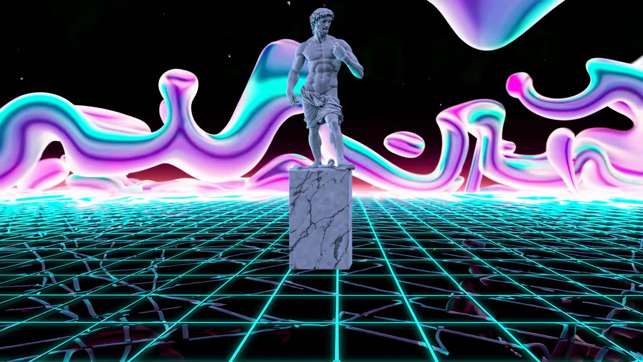 statua retrofuturistica in un paesaggio a griglia in stile anni '80 e '90