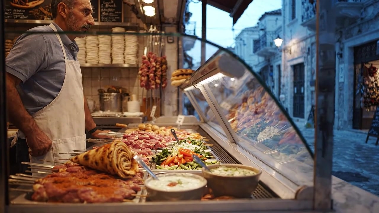 Delizie culinarie: uno chef espone carni squisite e ingredienti freschi in un vivace mercato di strada nel cuore di un'incantevole città storica.