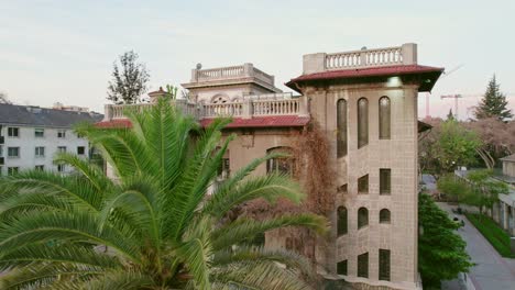 drone shot of a palm tree and the falabella palace and the consistorial house of providencia, a heritage site in santiago chile