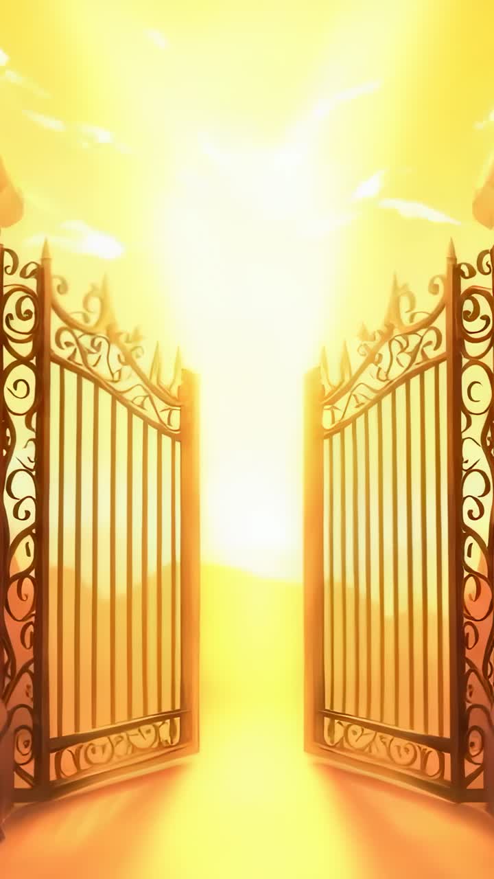 Vertical video: Ornate wrought-iron gates swinging open in glowing portal, dissolving into haze