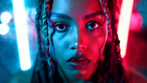 a woman with dreadlocks and blue and red lightsabers in her hair