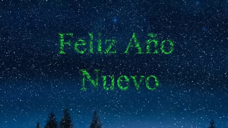 Animation-of-feliz-ano-nuevo-text-in-green-and-new-year-snow-falling-in-night-sky