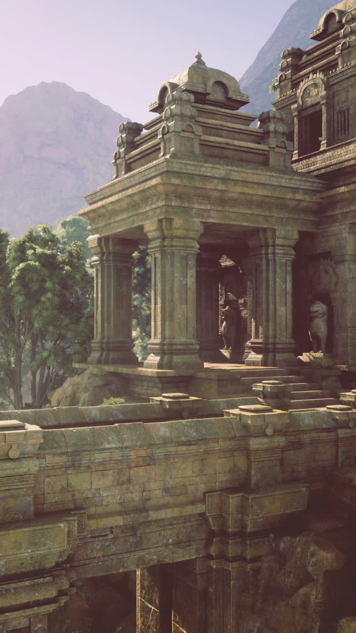 Ancient temple ruins surrounded by lush greenery and mountains at sunset