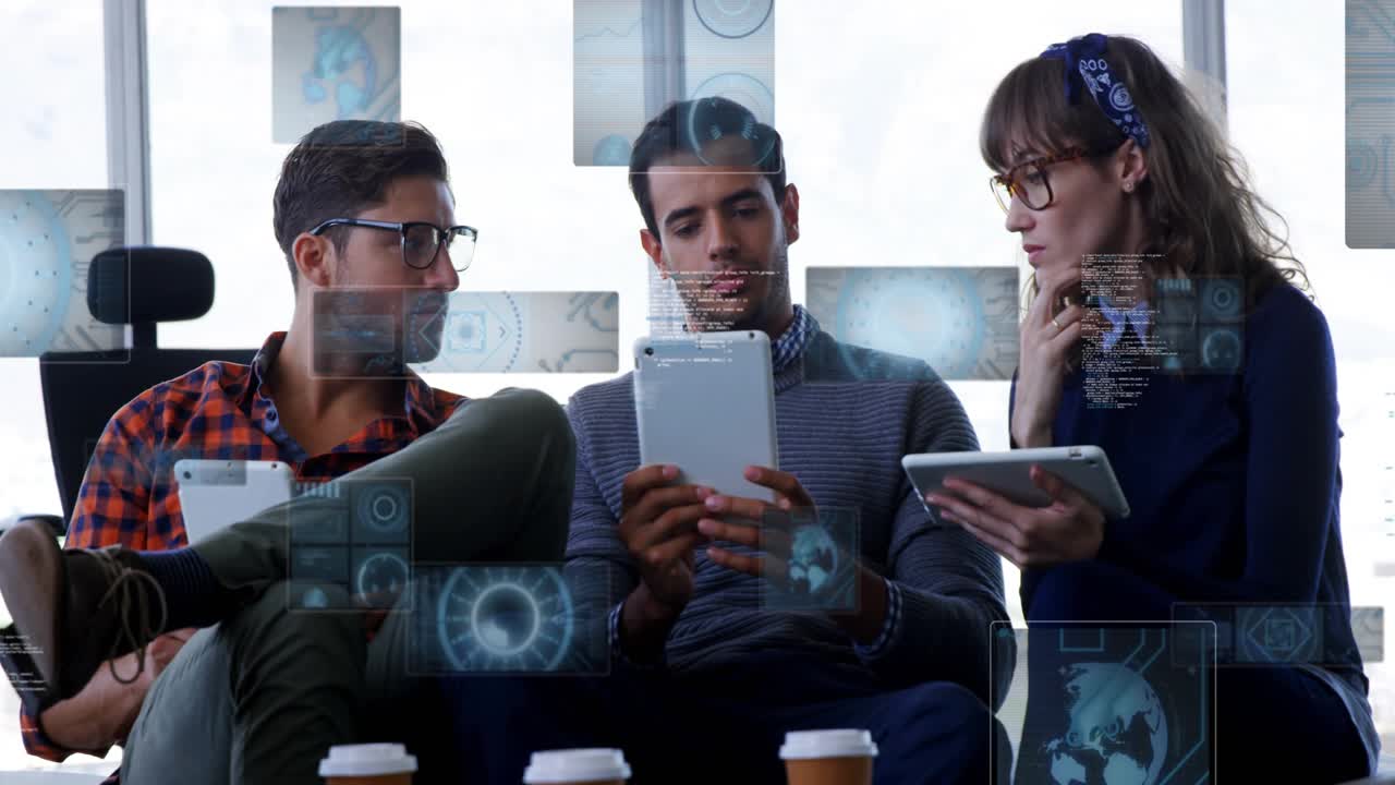 Center person tapping tablet and causing HUD panels to multiply while team reviewing business data