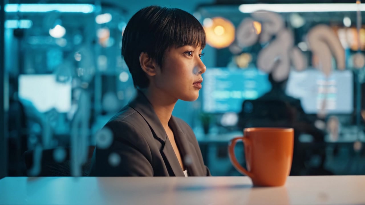 Una giovane donna pensierosa in abbigliamento professionale siede in un ambiente d'ufficio, riflettendo su nuove idee davanti a una tazza di caffè, circondata da elementi tecnologici moderni.