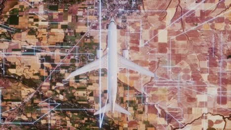 airplane flying over agricultural terrain with digital network overlay.