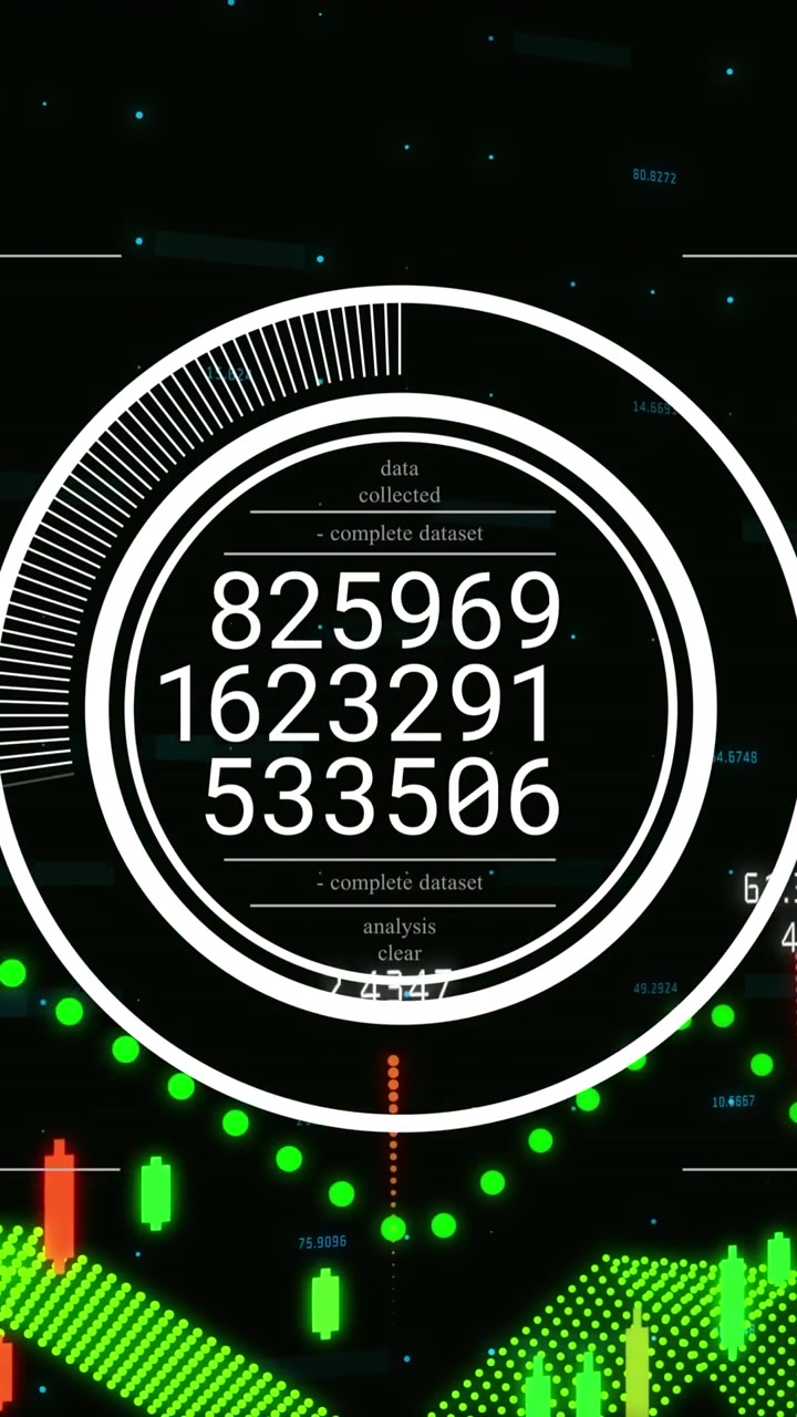 Animation of changing numbers in loading circle over graphs and digits on black background