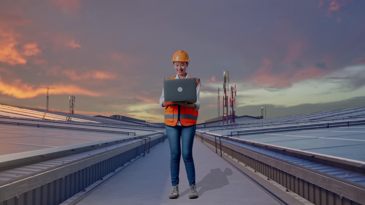 Full Body Of Asian Female Engineer With Safety Helmet Working On A Laptop And Looking Around While Standing and Inspecting Industrial Rooftop Solar Panels