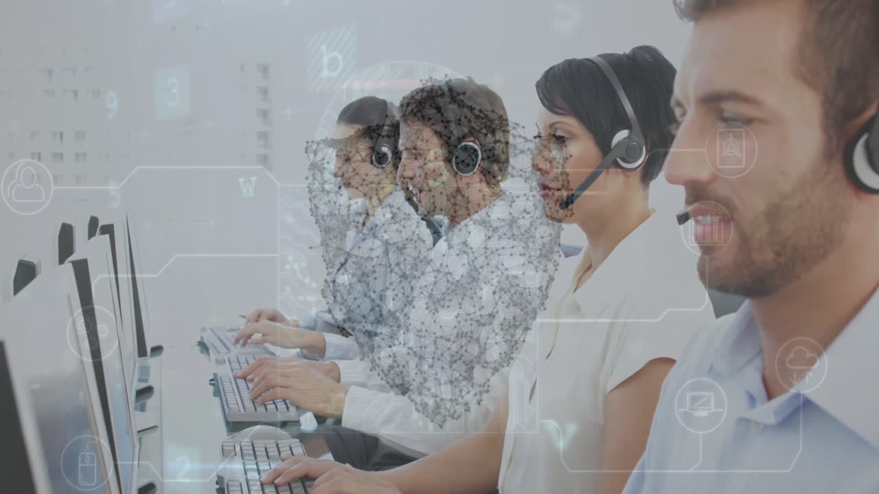 Animation of data processing and padlock over caucasian business people in office