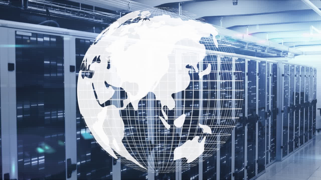 지구의 애니메이션과 컴퓨터 서버를 통한 데이터 처리