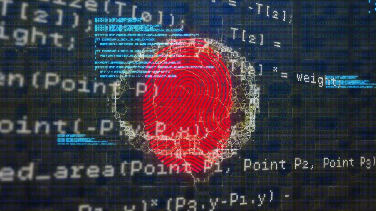 Animation of digital screen with fingerprint, brain and data processing