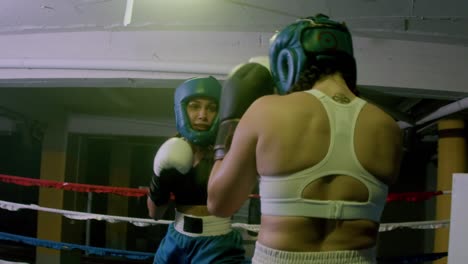 two female boxers in helmets and boxing gloves training in ring