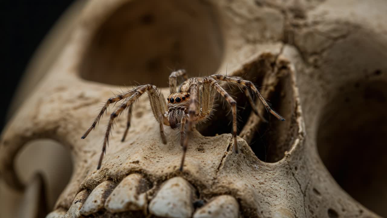 A Close-Up Encounter: A Spider on a Skull Creating a Unique Contrast Between Life and Death, Showcasing Nature's Intriguing Relationship with Remains