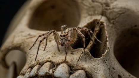 A Close-Up Encounter: A Spider on a Skull Creating a Unique Contrast Between Life and Death, Showcasing Nature&#039;s Intriguing Relationship with Remains