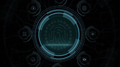 animation of fingerprint scanning in circle and data protection on black background