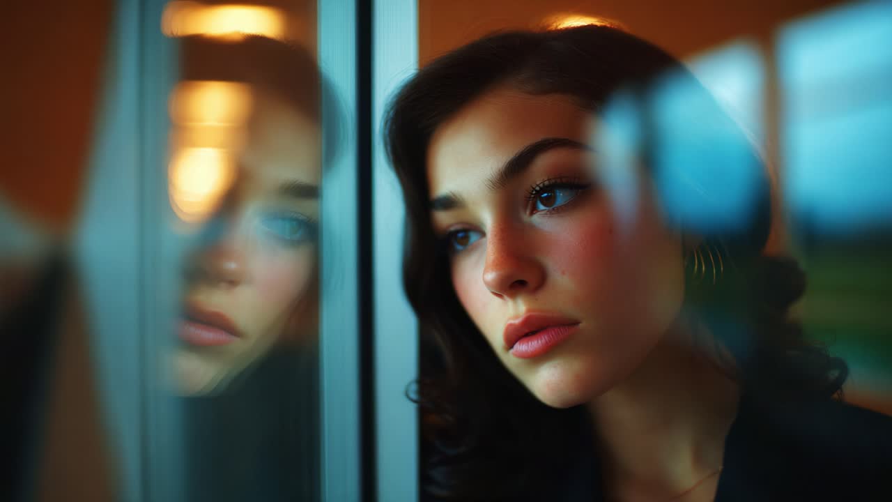A Reflective Moment Captured: A Young Woman Gazes Thoughtfully Outward, Her Face Half-Illuminated by Soft Lighting, Creating a Mysterious Mood as She Reflects on Life, Dreams, and the Passage of Time