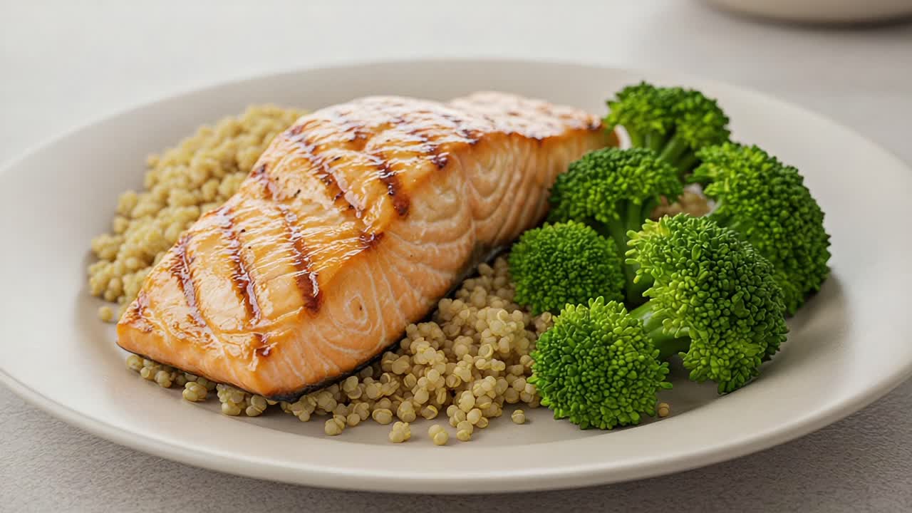 Delizioso salmone grigliato con quinoa e broccoli al vapore: un pasto sano e gustoso per un’alimentazione nutriente
