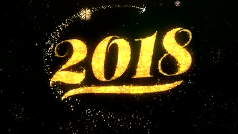 2018 happy new year greeting and wishes card made from glitter particles and sparklers light dark night sky with colorful firework 4k background.