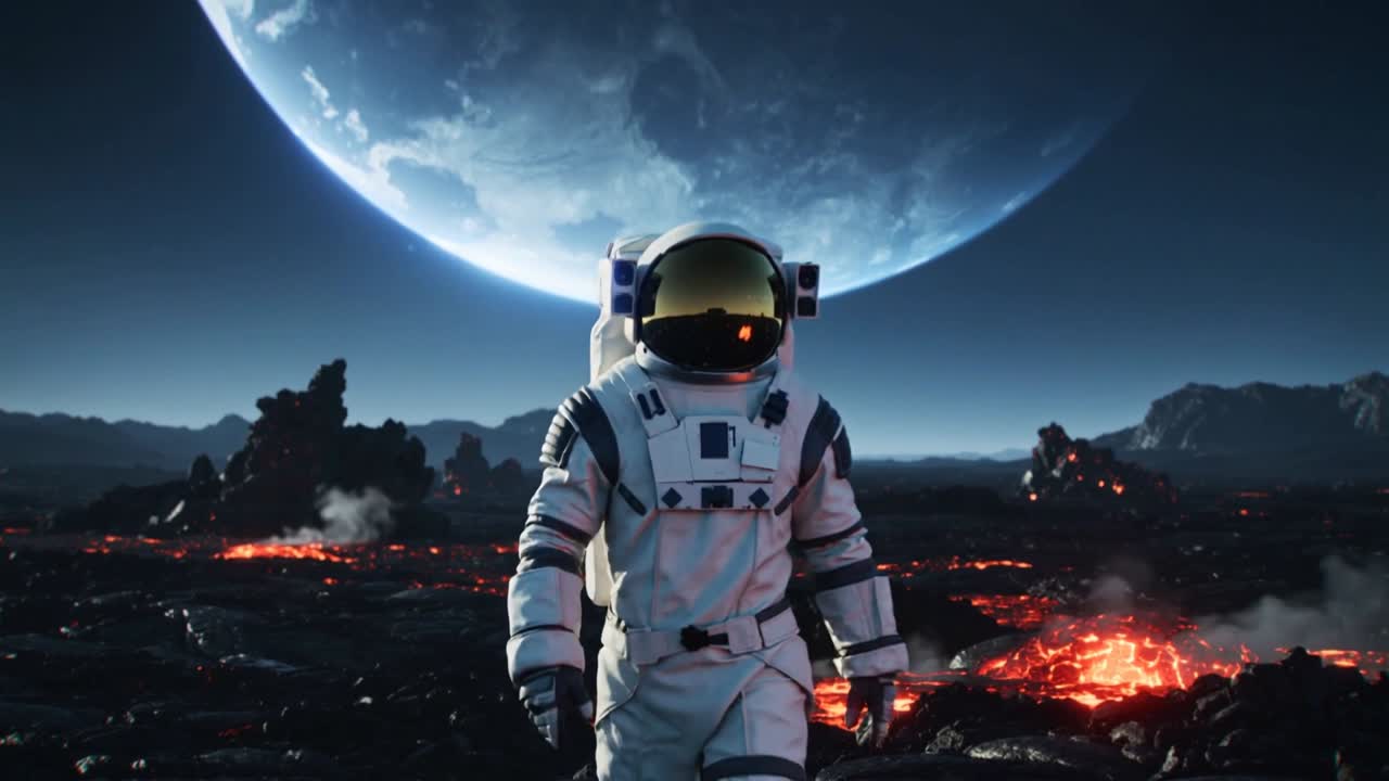 Sporing af astronaut i hvid dragt, der går mod kameraet over et lavalandskab, guldfarvet visir viser månen.