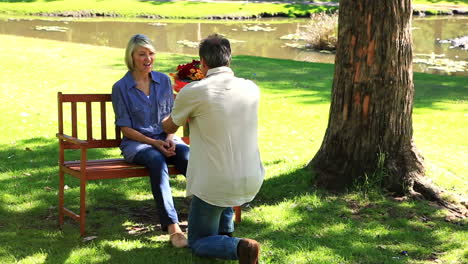 Mann-überrascht-Seine-Freundin-Mit-Blumen-Im-Park