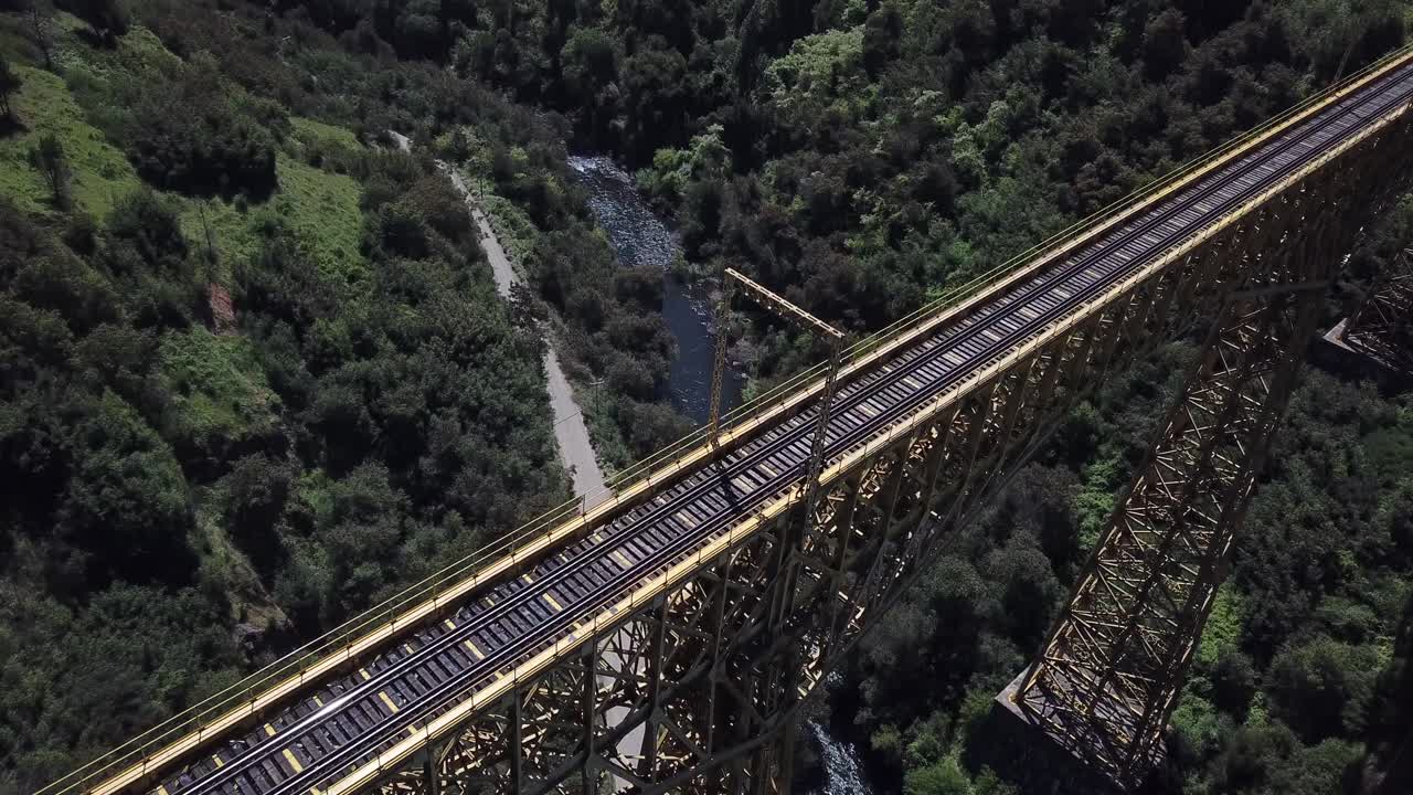 Birdseye Aerial View of Malleco Railway Viaduct from 19th Century, Canyon and River. National Monument of Chile