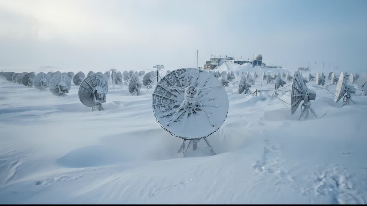 Radio Telescope Array in a Harsh Winter Snowstorm