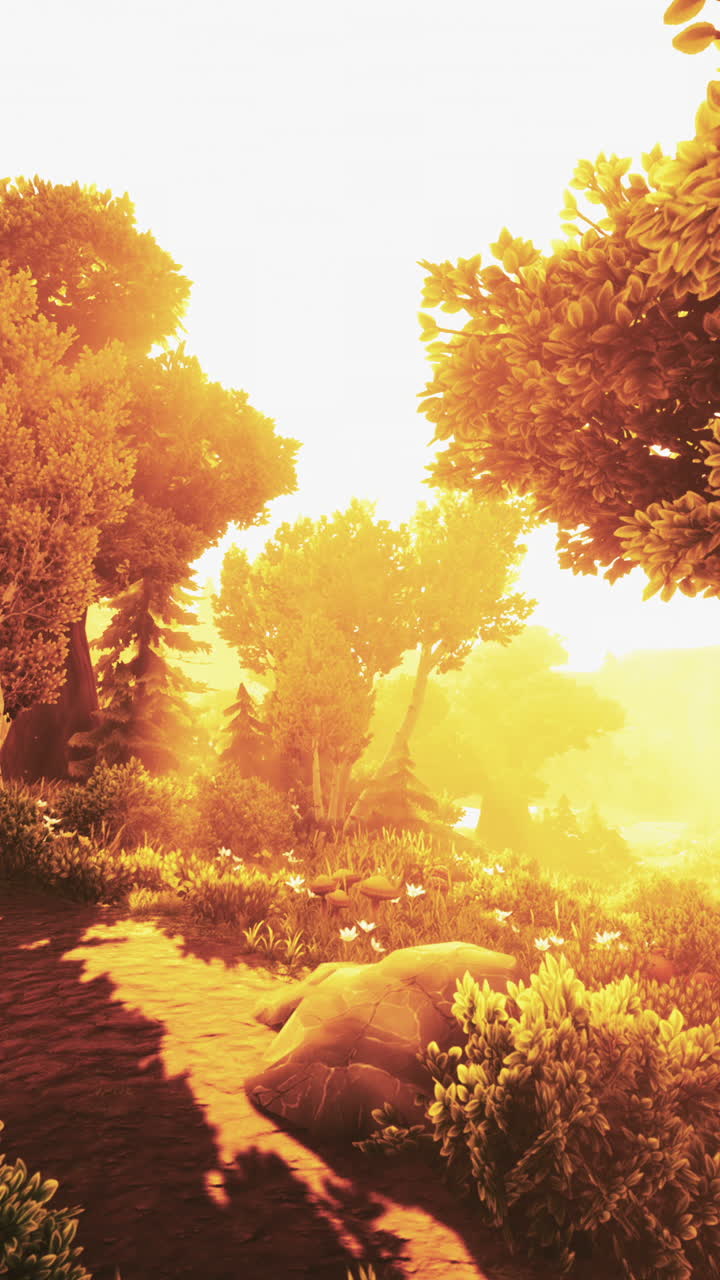 un sendero de bosque dorado que conduce a través de un bosque sereno