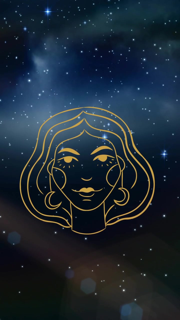 Animazione del segno zodiacale Vergine su un cielo blu notturno, con il sole splendente e le stelle.