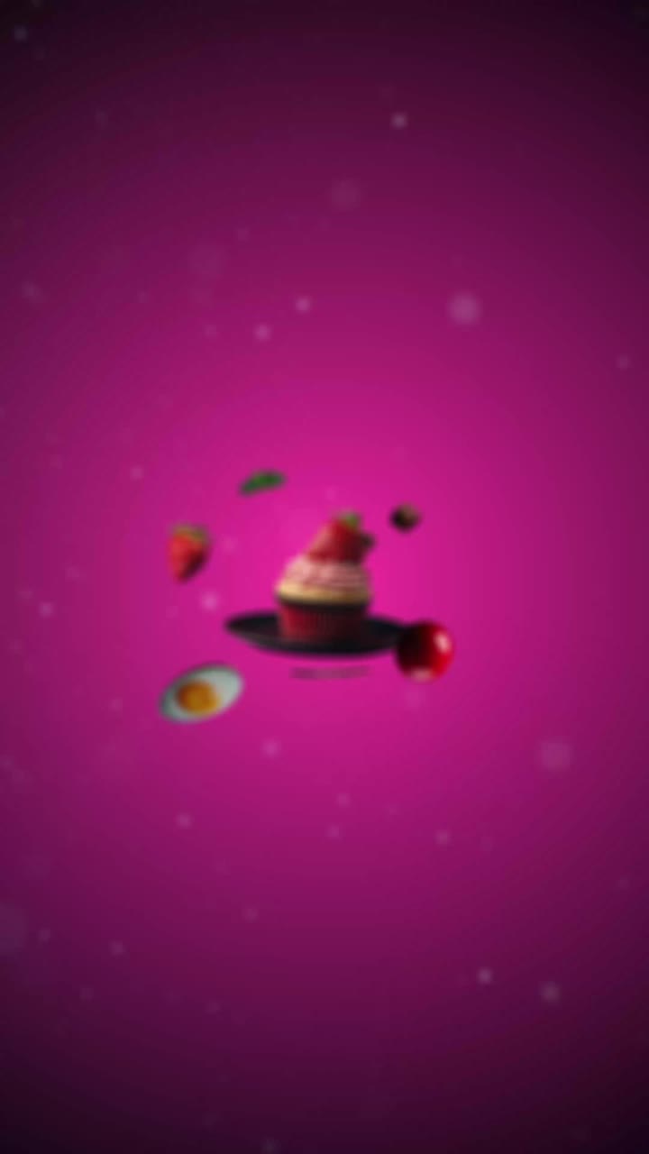 Strawberry cupcake Animation intro for advertising or marketing for restaurants with the ingredients of the dessert flying in the air (pink background) - vertical video for add price or sale