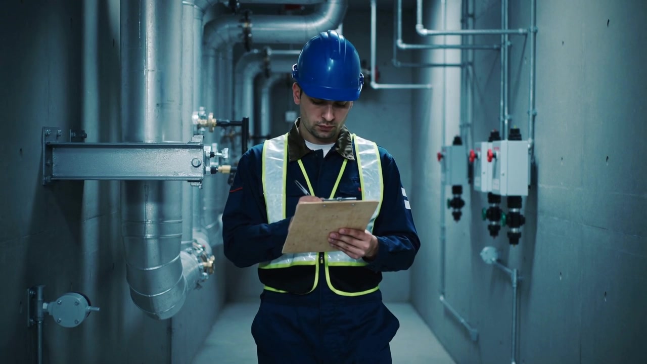 Walking plant tech in blue hardhat safety vest checking clipboard logging pipes panels for checks