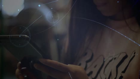 Animation-of-network-of-connections-over-biracial-schoolgirl-using-smartphones