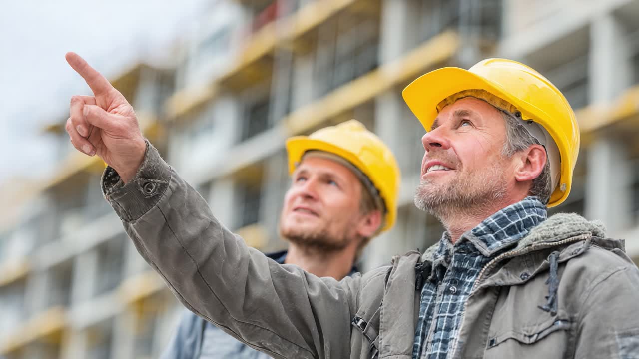 Construction Workers Engaged in Discussion while Observing Project Progress at a Job Site, Highlighting Teamwork and Communication in the Building Industry