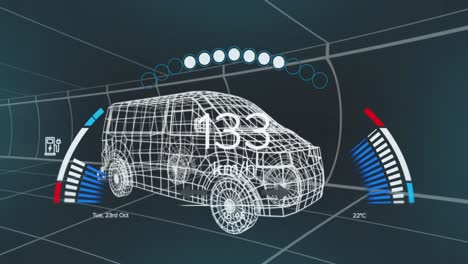 animación del velocímetro, el gps y los datos del estado de carga en la interfaz del vehículo, en un modelo de furgoneta 3d