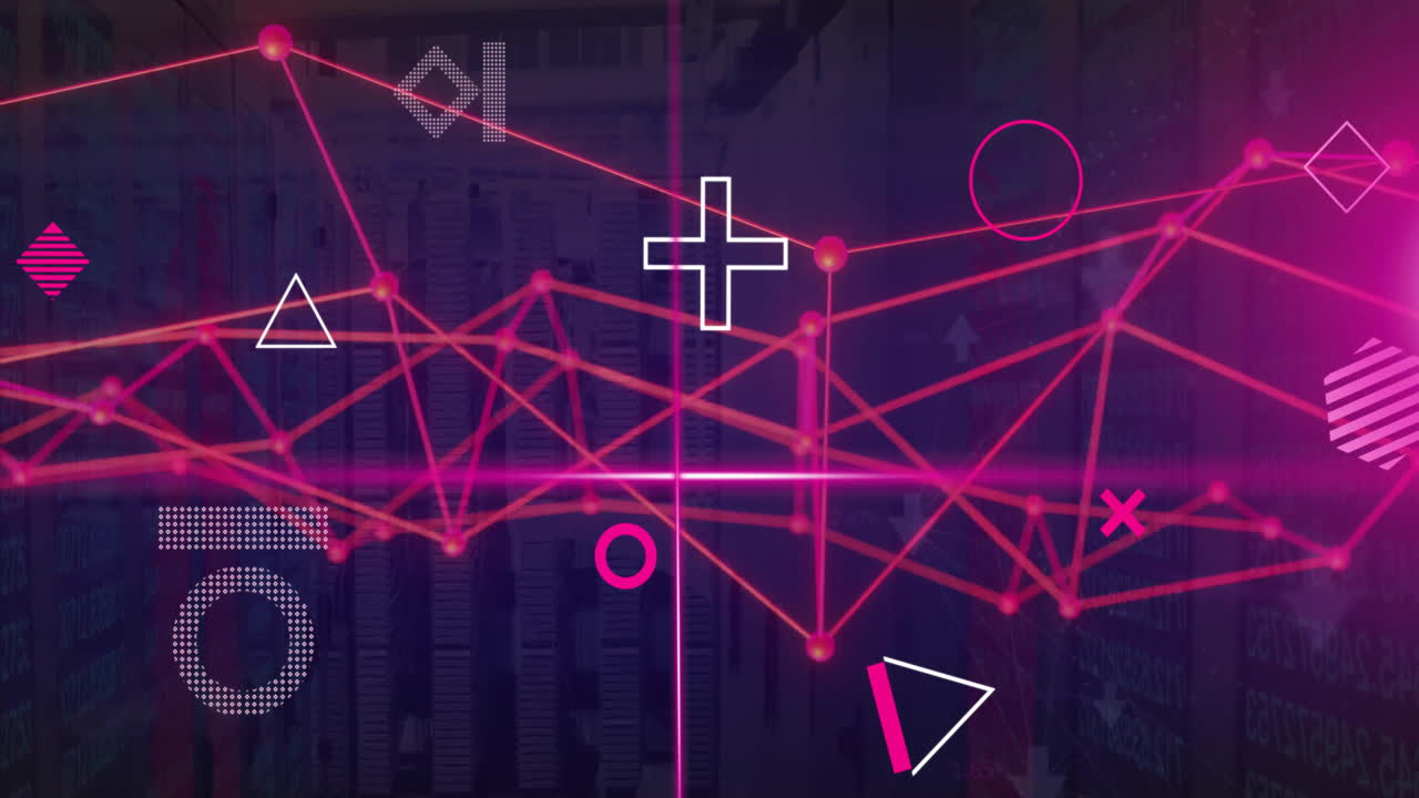 Animation of rotating shapes processing data over glowing red network on dark background