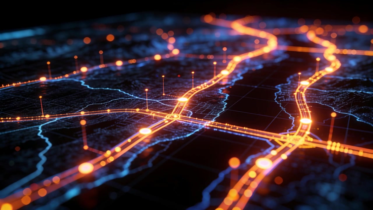 Animating styled 3D map sending light pulses along orange paths as camera tracking activating pins