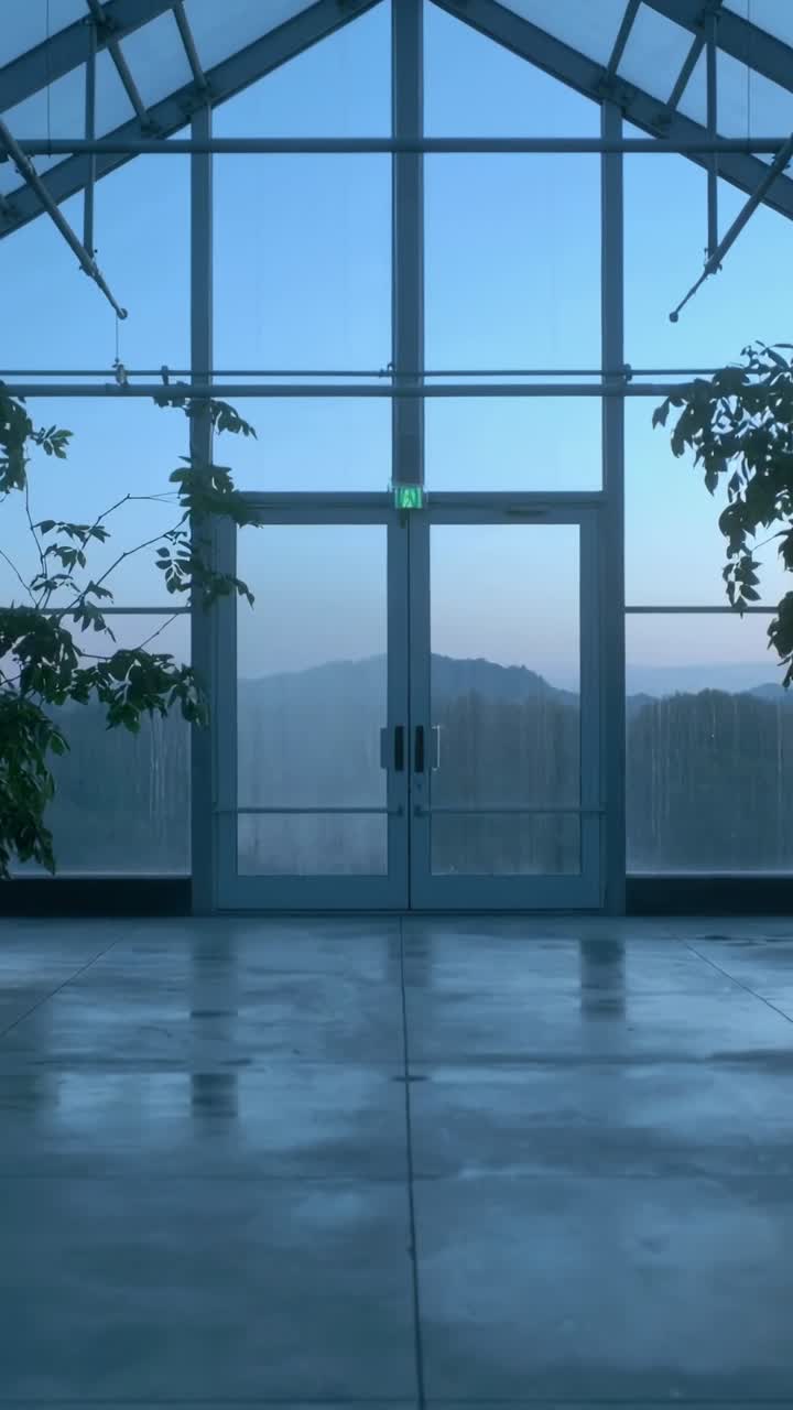 Video vertical: Mostrando puertas dobles de cristal centrales abriéndose al amanecer dentro de un atrio, con un letrero de salida brillando