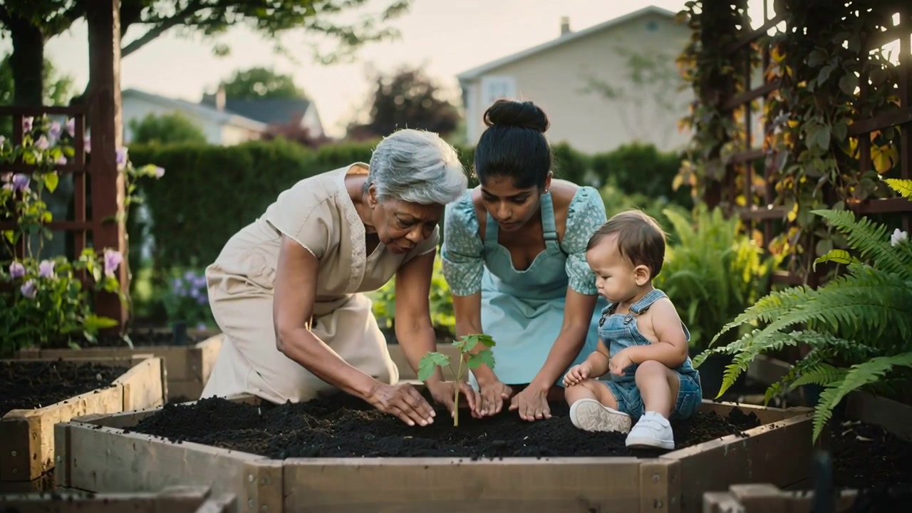 Digging senior guiding adult in apron and infant in denim romper, planting sapling in backyard bed