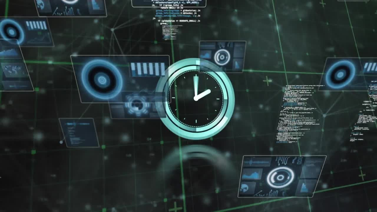 animación del reloj, escaneo de ámbitos y procesamiento de datos sobre cuadrícula sobre fondo oscuro.