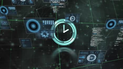 Animation-Der-Uhr,-Des-Scannens-Von-Zielfernrohren-Und-Der-Datenverarbeitung-über-Einem-Raster-Auf-Dunklem-Hintergrund
