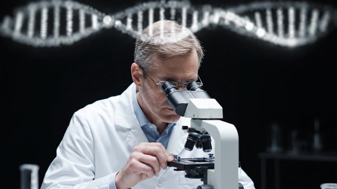 Scientist Focused on Research Under Microscope Analyzing Samples for Genetic Studies with DNA Strand Background Illustrating Scientific Exploration and Discovery