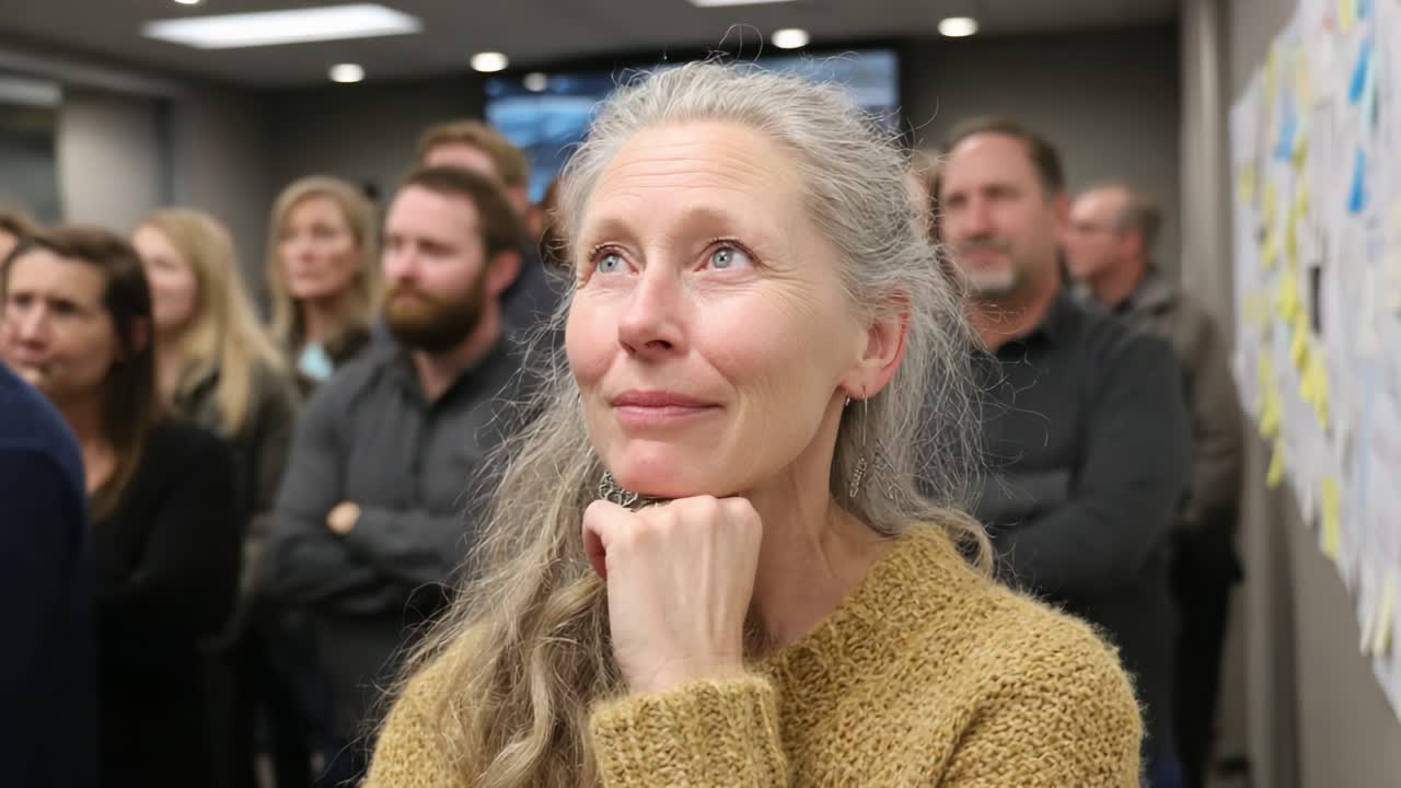 A Pensive Moment: Capturing the Emotional Reflection of a Woman Lost in Thought Amidst a Group Gathering in a Modern Office Environment