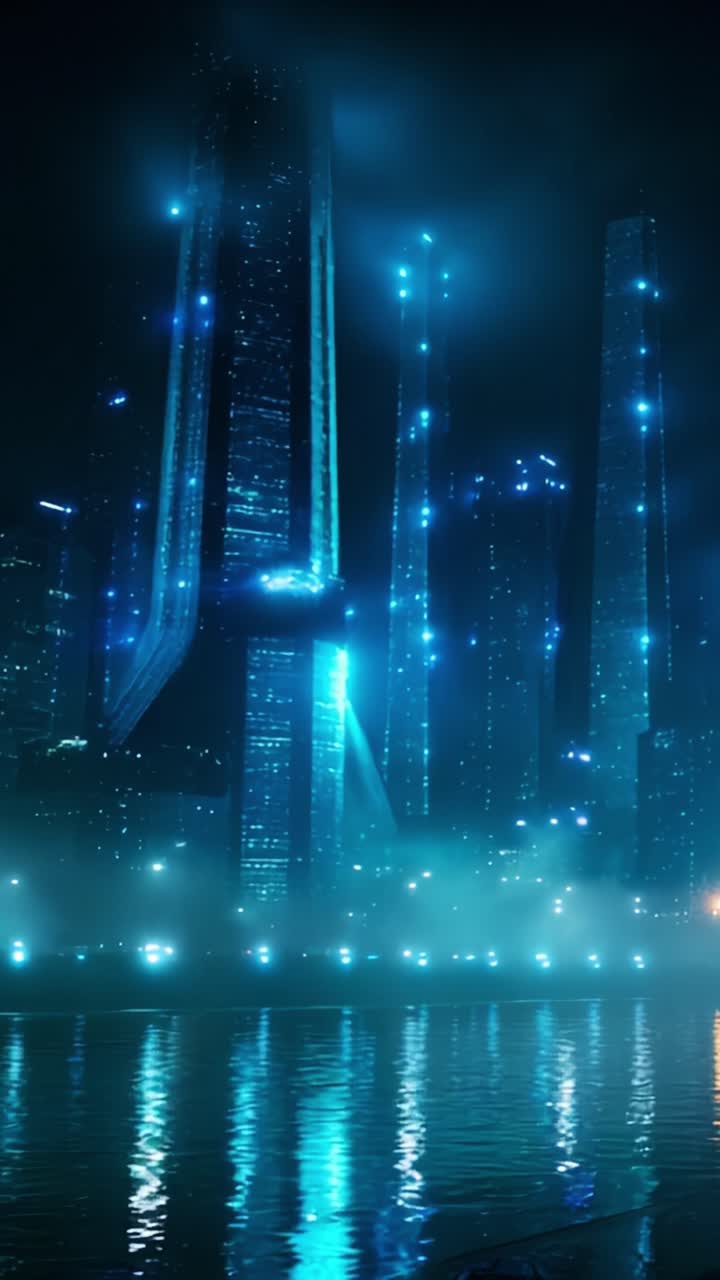 A Captivating Nighttime Cityscape with Illuminated Skyscrapers Reflecting on Water in a Mysterious Blue Atmosphere Creating a Futuristic Urban Landscape
