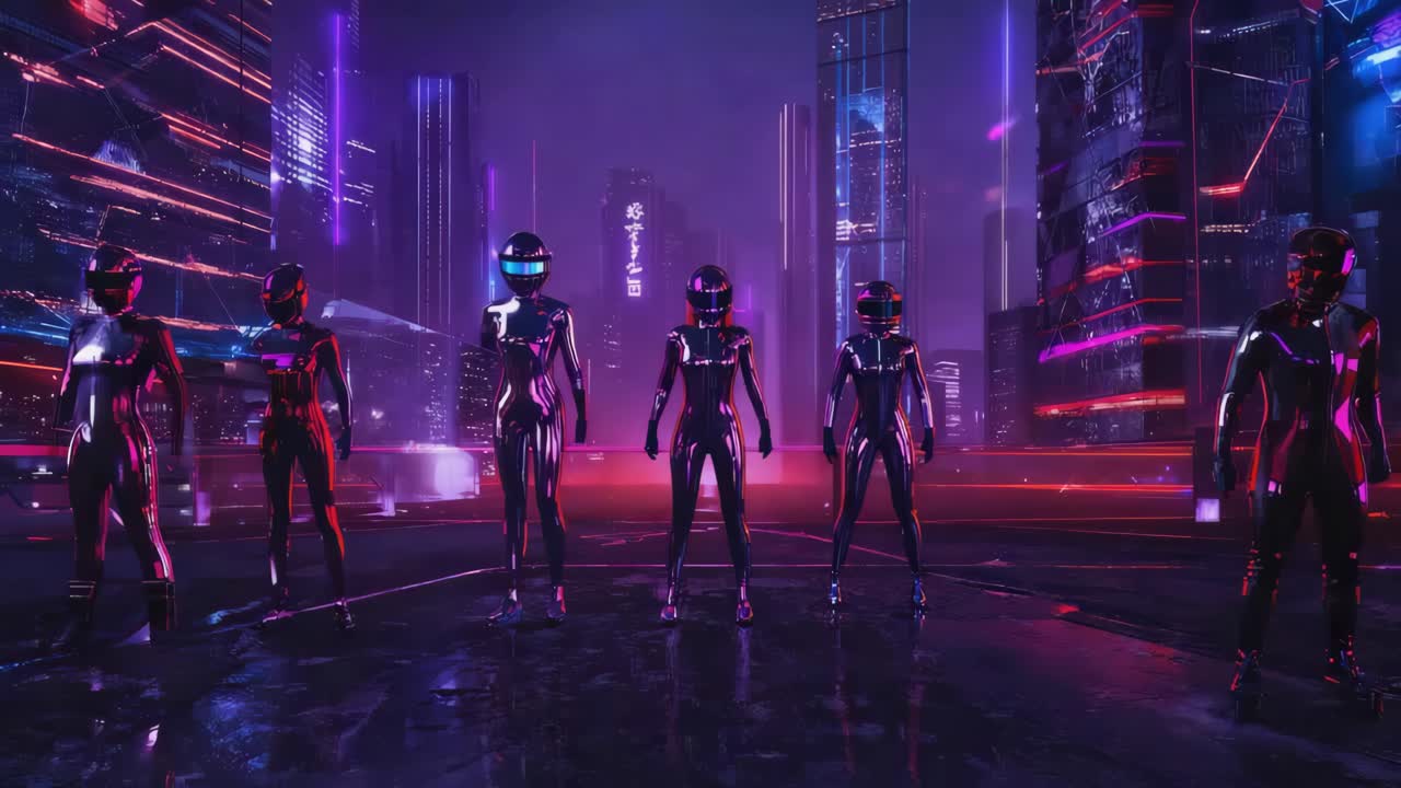 Cyberpunk Dancers in Futuristic Cityscape