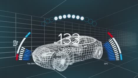 Animation-of-speedometer-over-3d-model-of-a-car-moving-against-blue-background