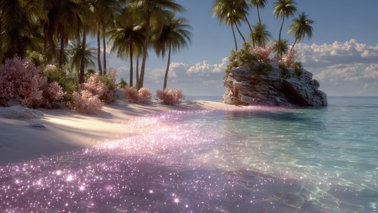 A Serene Tropical Paradise at Dawn, Featuring Glittering Water and Lush Palm Trees Along a Secluded Beach Landscape with Breathtaking Natural Beauty