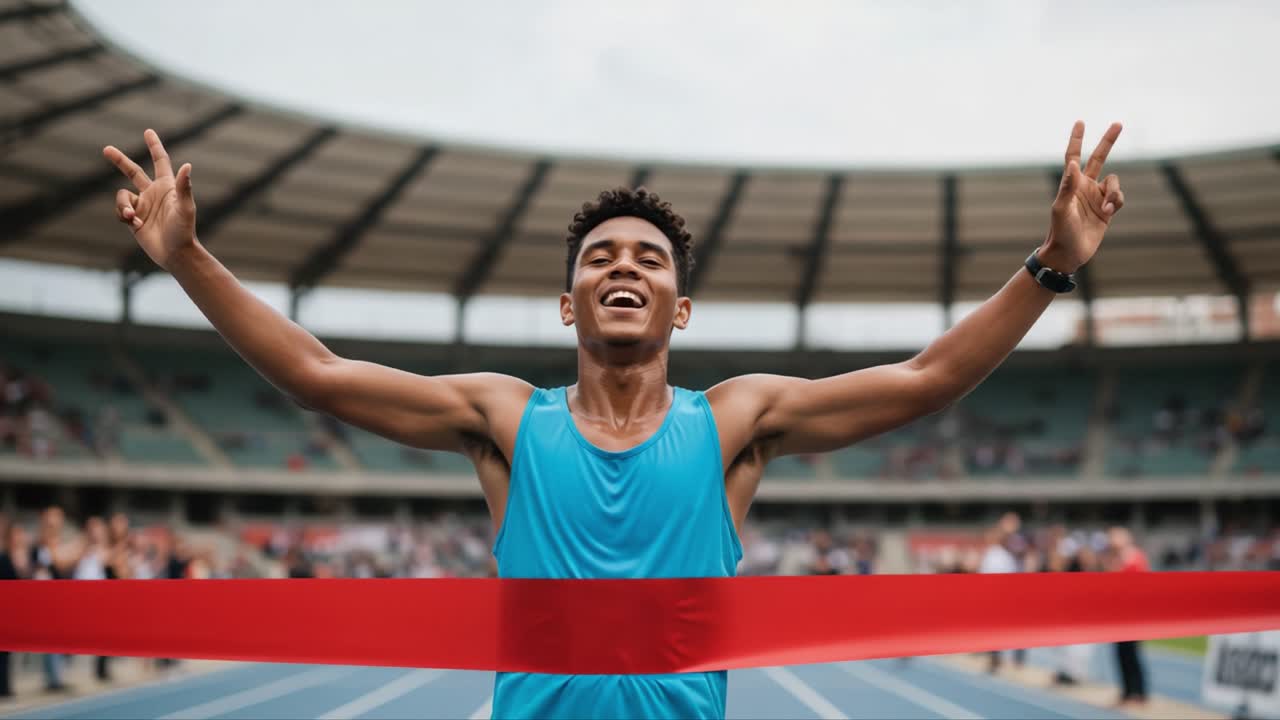 Celebrating Victory: A Young Athlete Triumphantly Breaking the Finish Line Ribbon with Joyful Gestures of Success and Achievement in an Inspiring Track Event