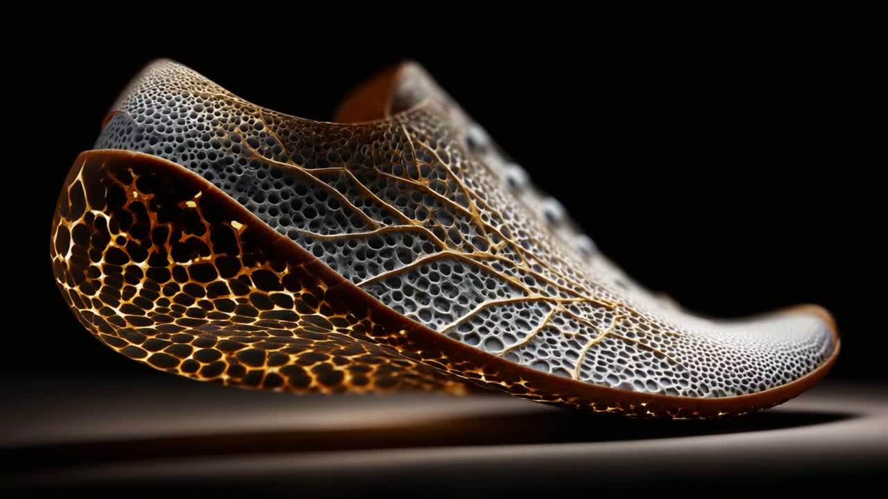Innovative Shoe Design Featuring Meshed Texture with Illuminated Detail, Showcasing a Modern Approach to Footwear Aesthetics and Functionality in Sports and Fashion