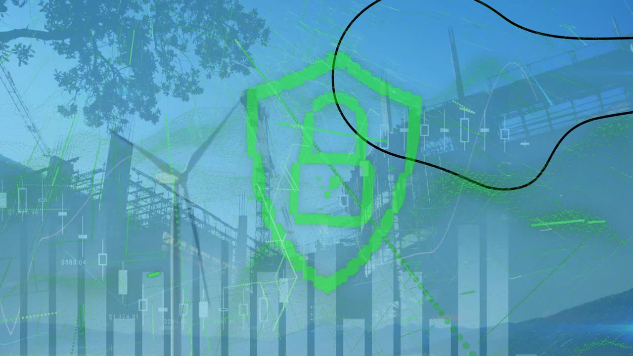 파드락 아이콘과 풍력 터빈 위의 도시 풍경으로 데이터 처리의 애니메이션